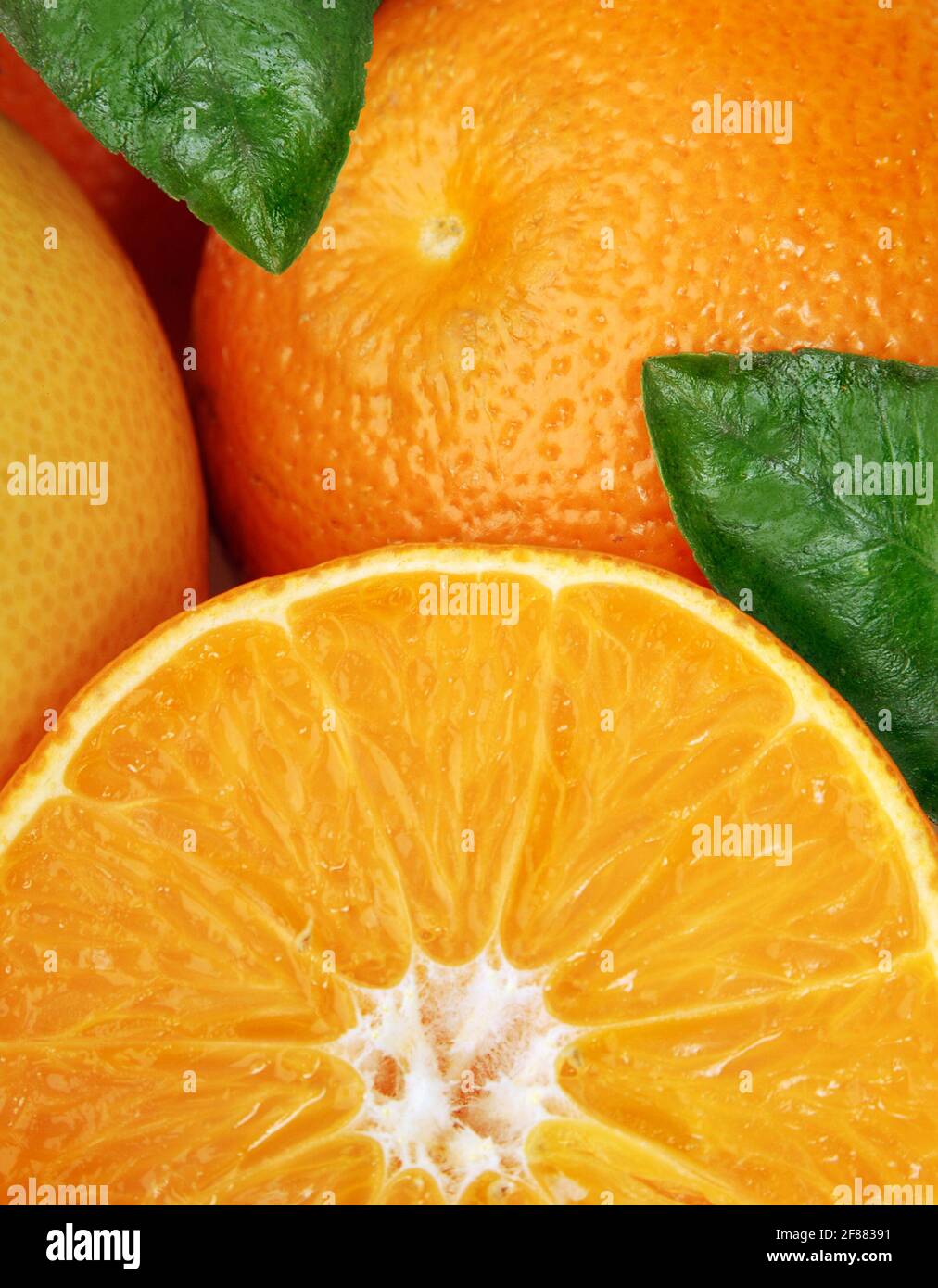 Orangen mit Blättern im Detail, eine Frucht in zwei Hälften geschnitten Stockfoto Orangen mit Blättern im Detail, eine Frucht in zwei Hälften geschnitten Stockfoto