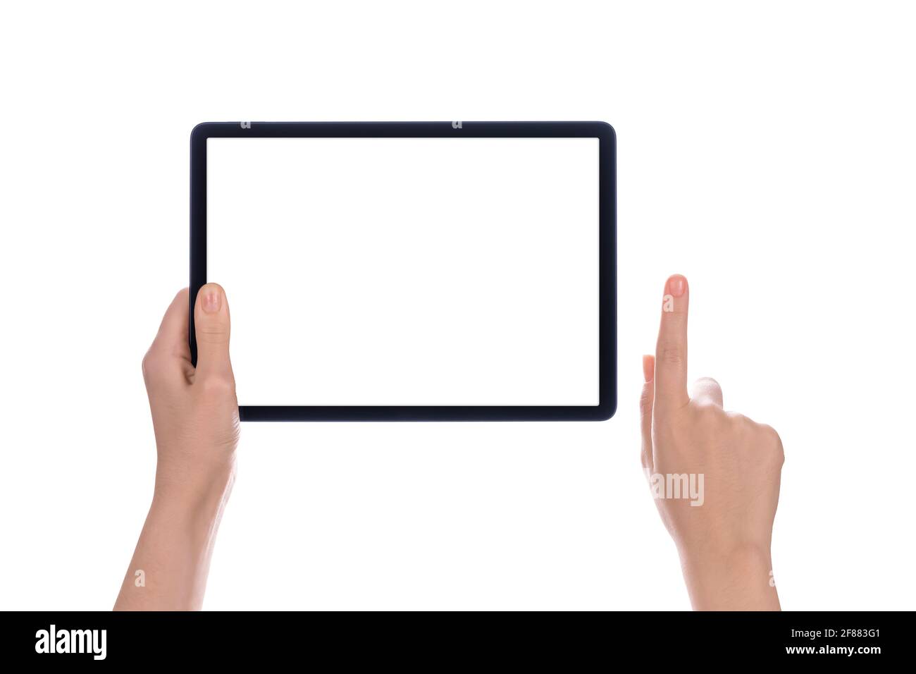 Hände, die einen Tablet-Computer mit weißem Bildschirm halten. Weibliche Hände zeigen leeren Bildschirm des modernen digitalen Tablets. Tablet-pc mit Handhaltung, isoliert auf Weiß Stockfoto