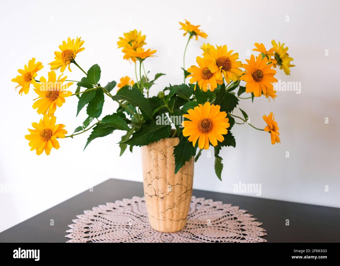 Ein Strauß Heliopsis in einer Tonvase zu Hause. Leuchtend orange Gänseblümchen. Stockfoto