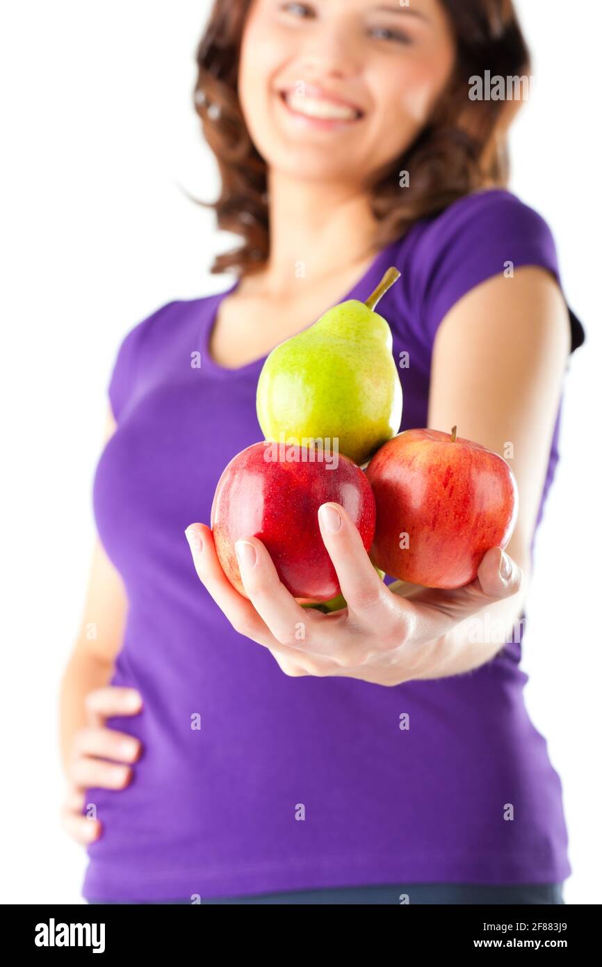 Gesunde Ernährung, Frau mit Äpfeln und Birnen Stockfoto