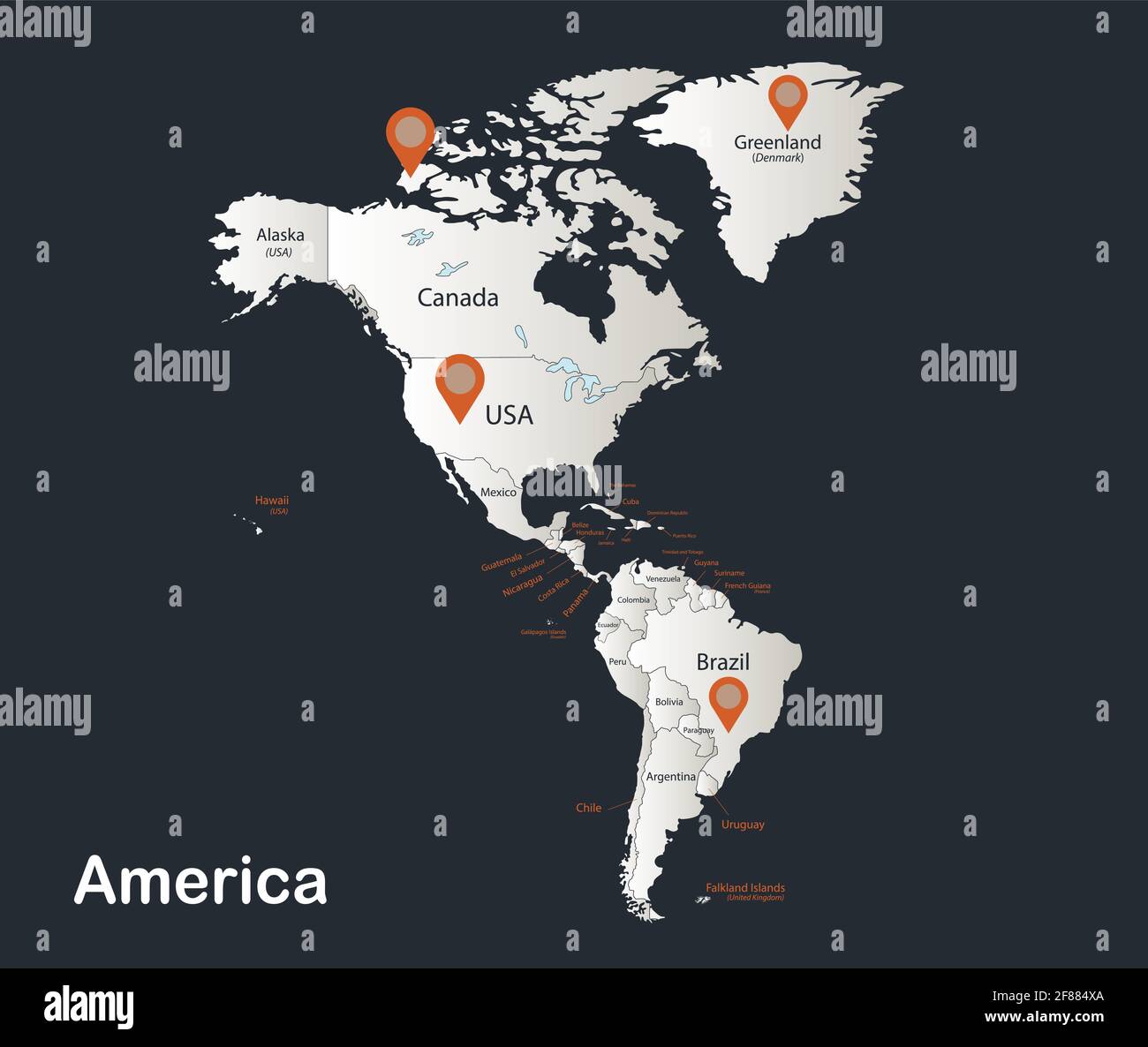 Amerika Karte, Infografiken flaches Design Farben schneeweiß, mit Namen der einzelnen Zustände Vektor Stock Vektor