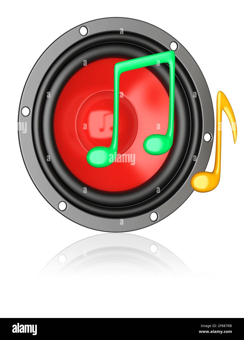 Symbol für Musik-Apps. Roter Lautsprecher mit bunten Noten Stockfoto