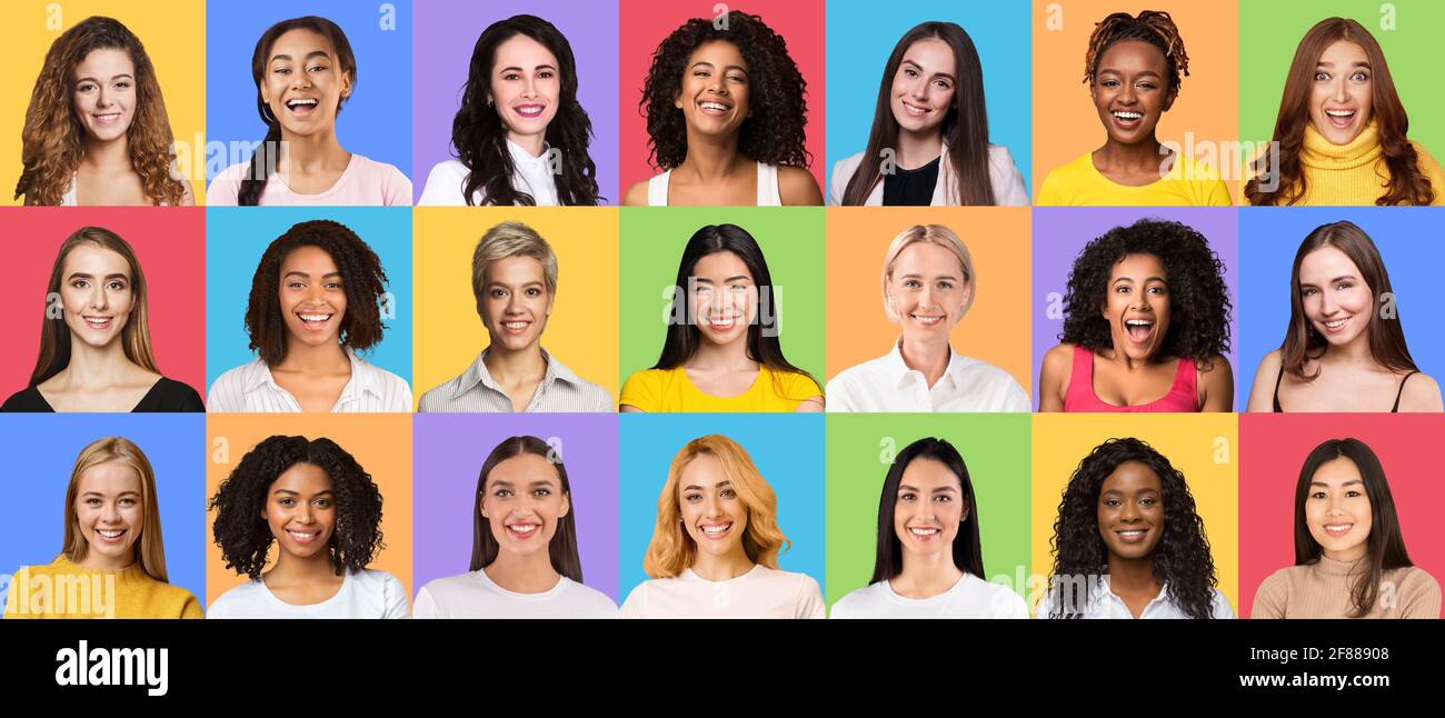 Zusammengesetzte Gruppe von lächelnden verschiedenen multirassischen Frauen Stockfoto