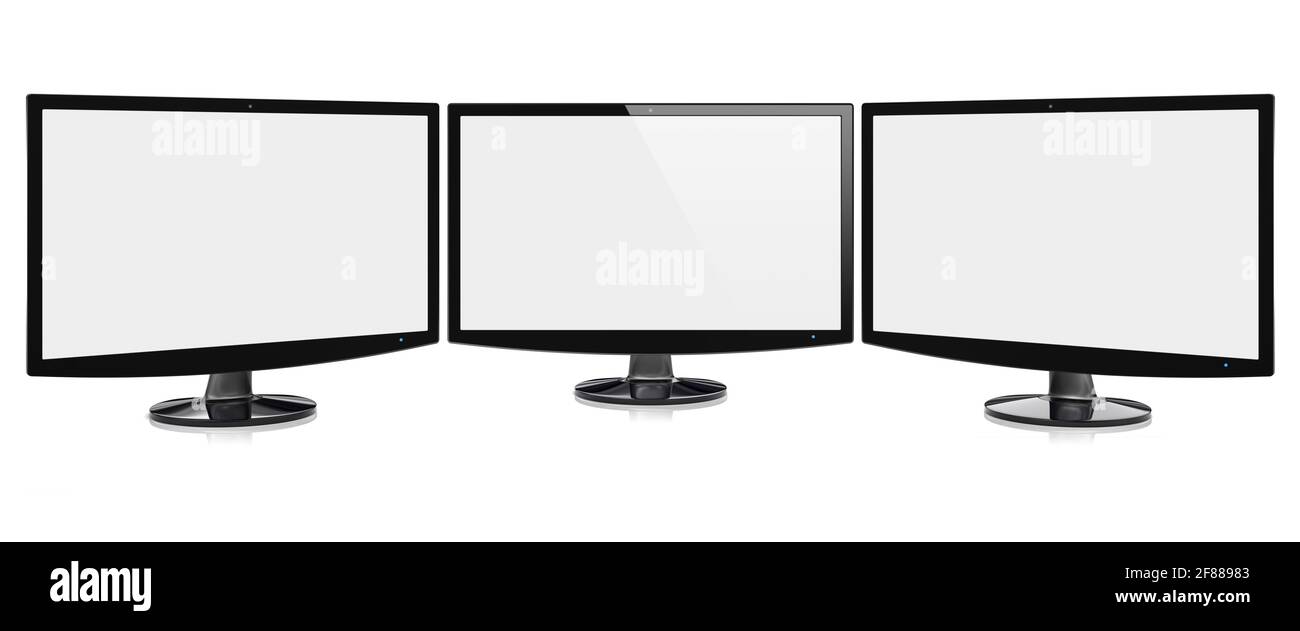 Computer-Breitbildmonitore oder Fernsehgeräte in einem Panorama-Set mit leerem Bildschirm. Isoliert auf einem weißen. 3d-Bild Stockfoto