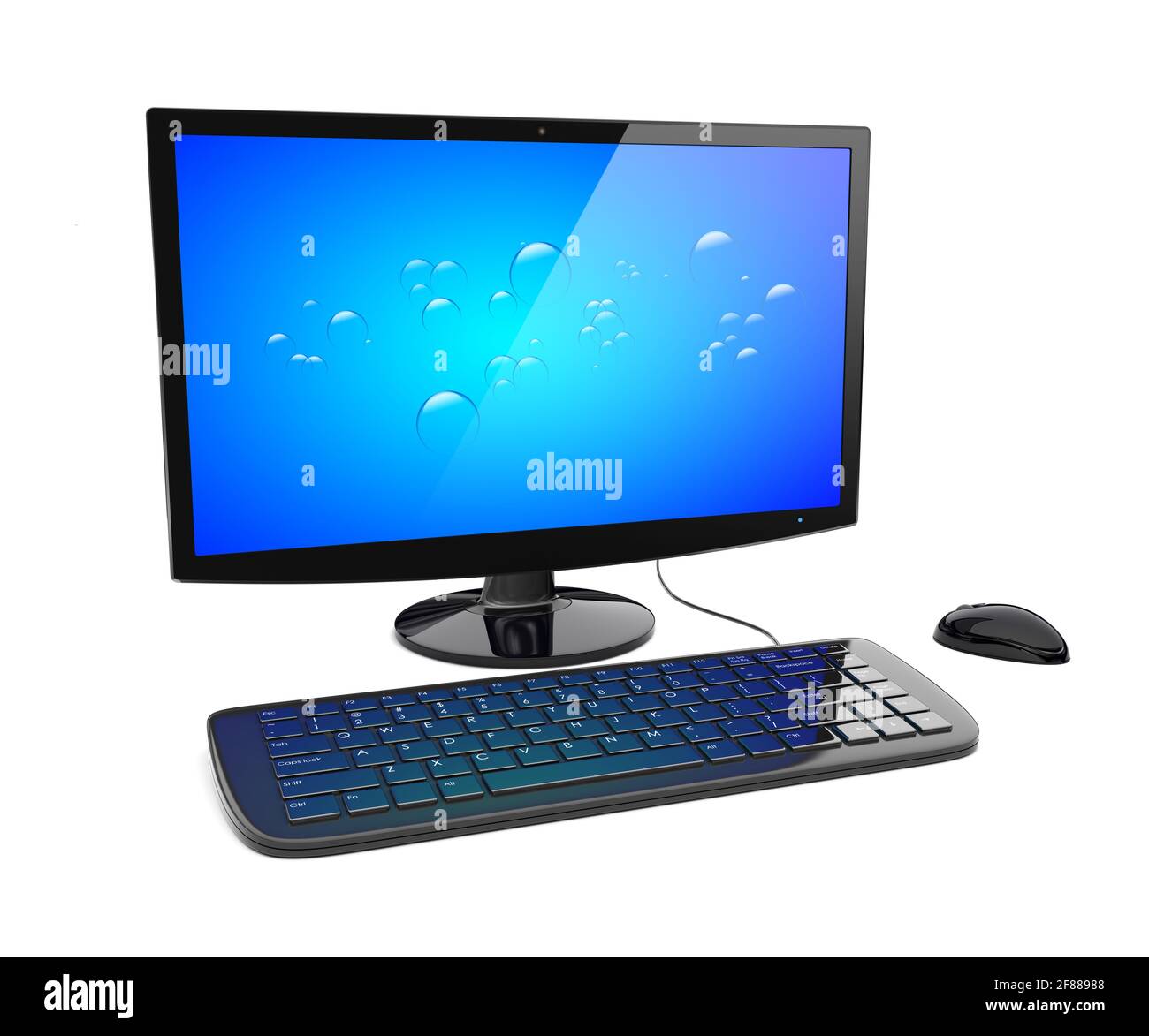 Schwarzer Desktop-pc mit Breitbildschirm, Tastatur und Maus sowie blauem Bildschirm. 3d-gerendertes Bild Stockfoto