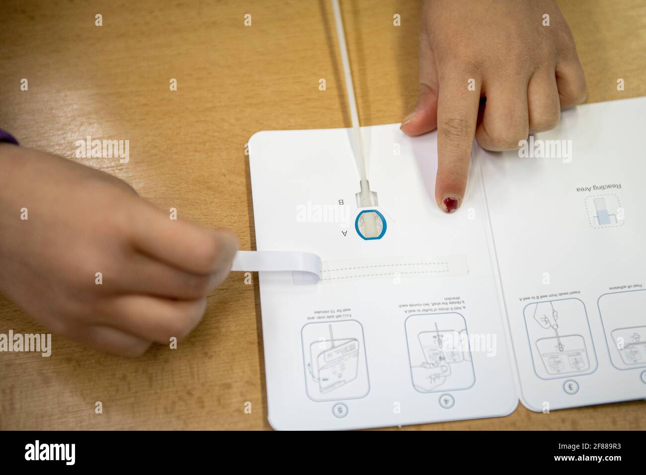 Liberec, Tschechische Republik. April 2021. Sonderschulen für behinderte Kinder, erste fünf Klassen von Grundschulen geöffnet. Gesichtsmasken sind in der Schule weiterhin Pflicht und Lehrer und Schüler müssen zweimal pro Woche auf COVID testen. Test für Covid in der Grundschule in Liberec, Tschechische Republik, 12. April 2021. Kredit: Radek Petrasek/CTK Foto/Alamy Live Nachrichten Stockfoto