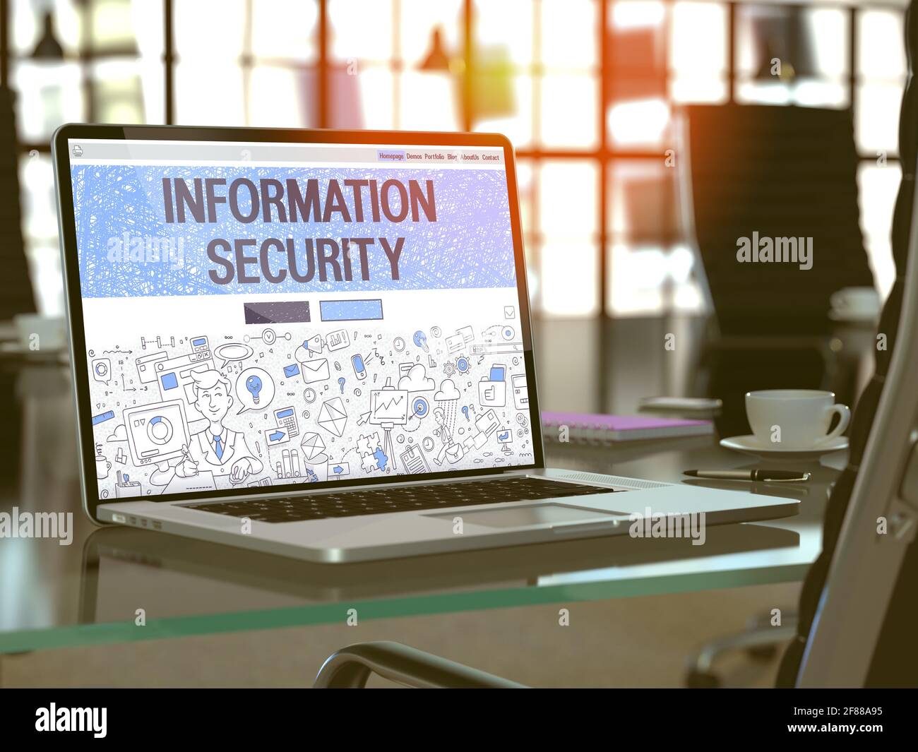 Moderner Arbeitsplatz mit Laptop zeigt Landing Page im Doodle Design Style mit Text Information Security. Tonbild mit selektivem Fokus. 3D-Rendern. Stockfoto