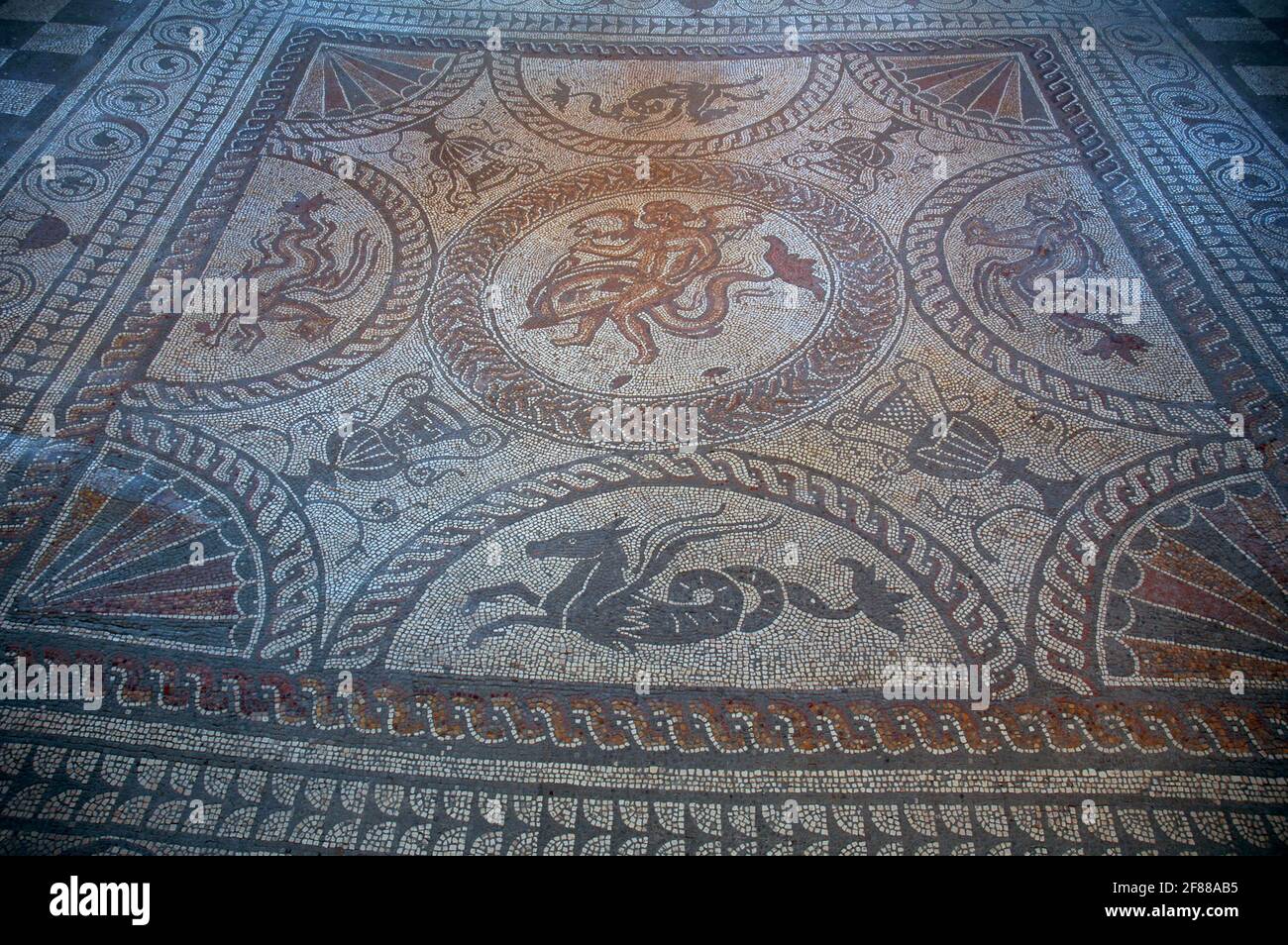 Die schönsten Mosaiken im Fishbourne Roman Palace, Chichester, West Sussex. Um 160 n. Chr. in einem der Speisesäle gelegt. Amor und Delphin im Zentrum Stockfoto
