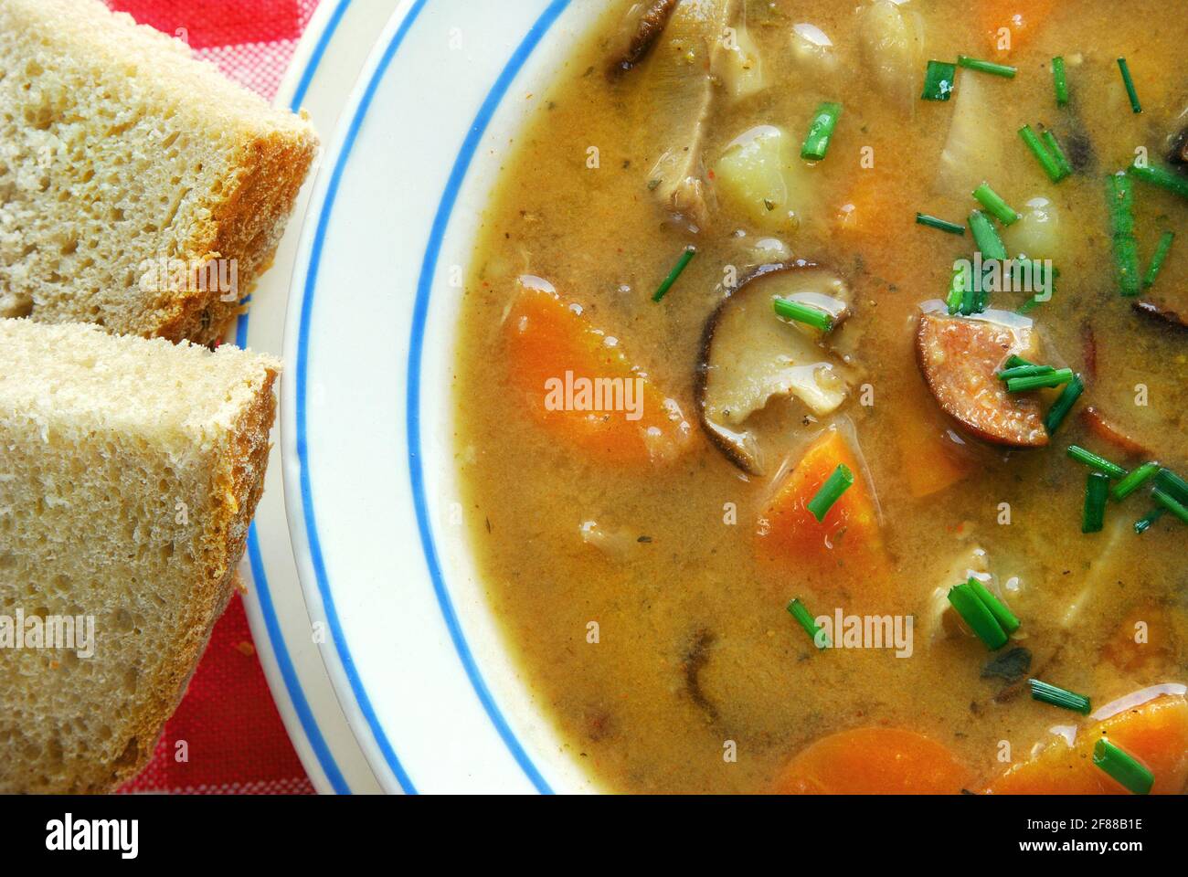 Nahaufnahme der Kartoffelsuppe mit Pilzen auf dem Teller, mit Brot, traditionelle tschechische Gemüsesuppe Stockfoto Nahaufnahme der Kartoffelsuppe mit Pilzen auf dem Teller, mit Brot, traditionelle tschechische Gemüsesuppe Stockfoto