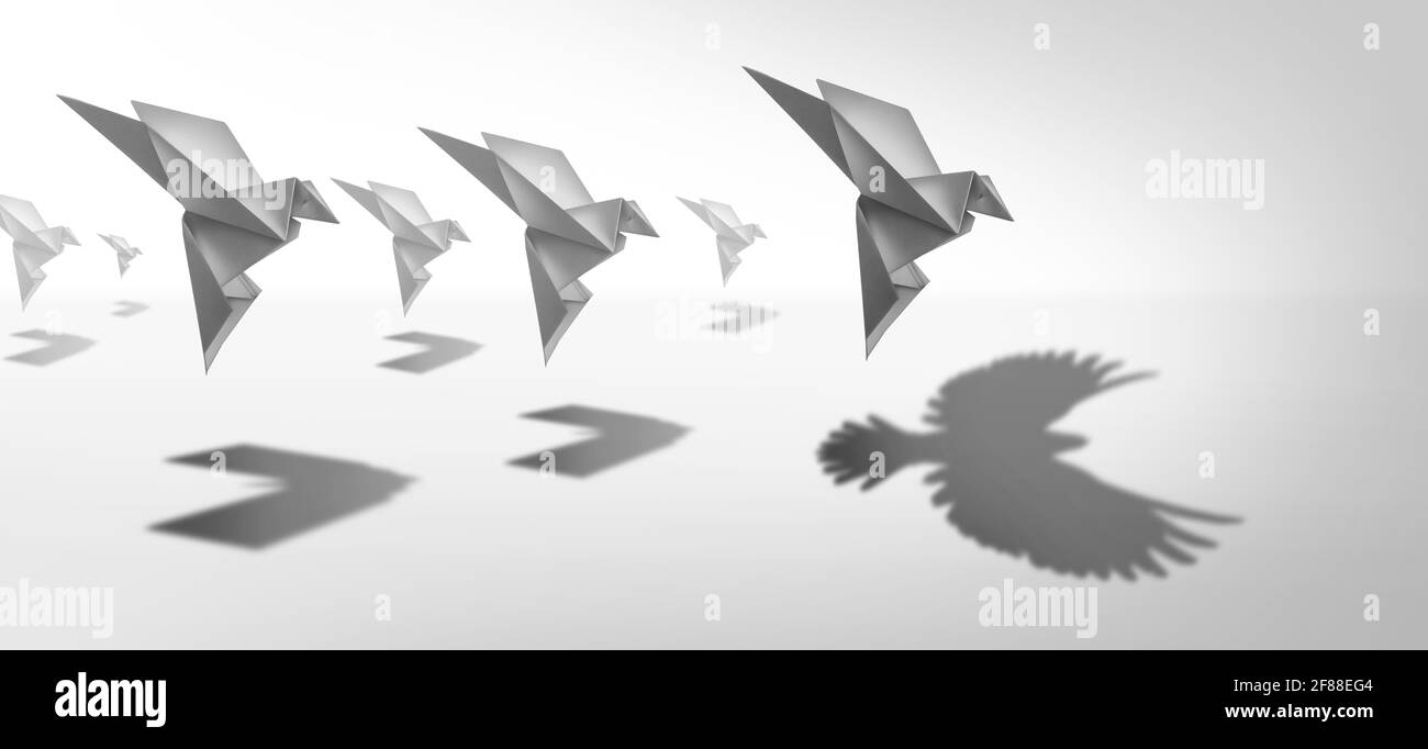 Ehrgeizige Leitungs- und Führungsvision oder Führungsambitionen als ein Business Symbol für innovative Phantasie und Erfolg Metapher als origami-Papier bi Stockfoto