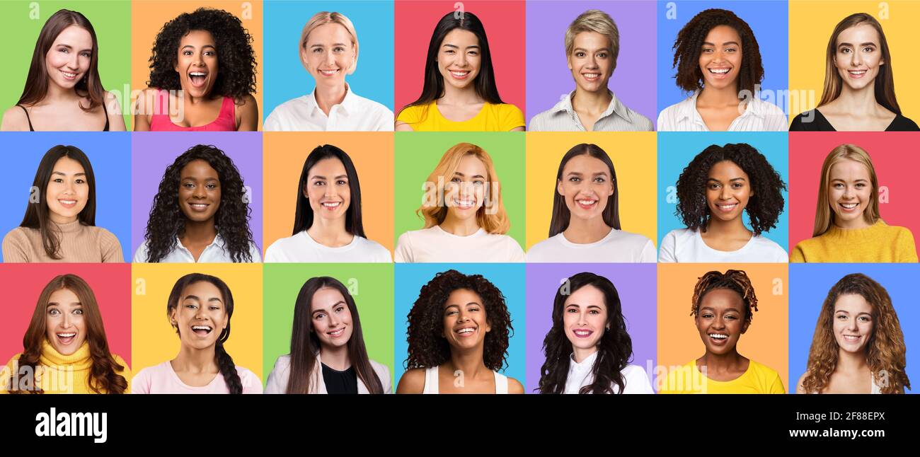 Zusammengesetzte Gruppe von optimistischen, vielfältigen, multirassischen Frauen Stockfoto