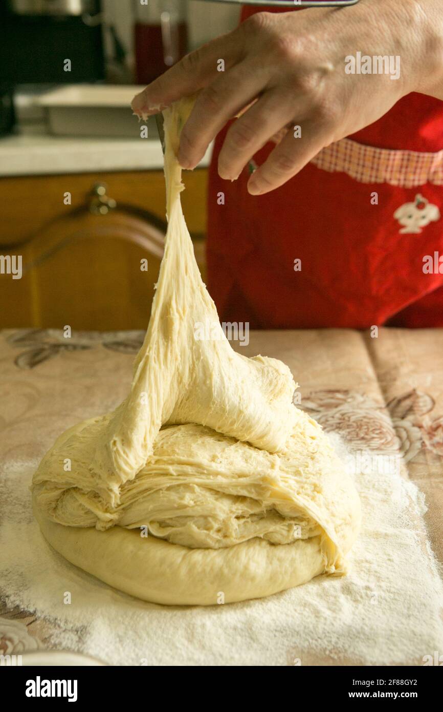 Mamas Kuchen. Weibliche Hände verteilen den Teig aus der Brotmaschine. Kochen während der Quarantäne. Stockfoto