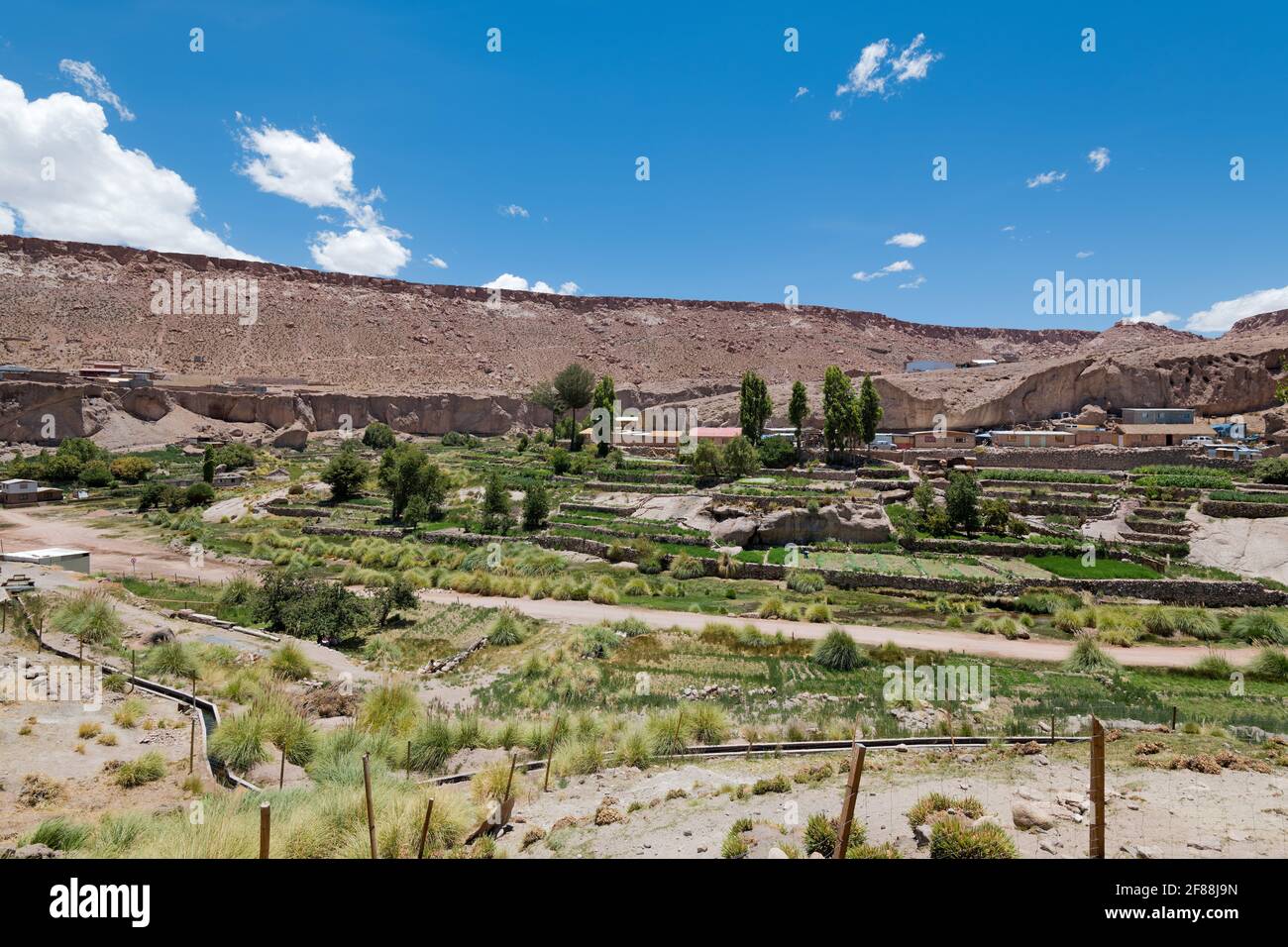 Blick auf Caspana, ein kleines Dorf in einer Oase in der Atacama Wüste im Norden Chiles. Stockfoto