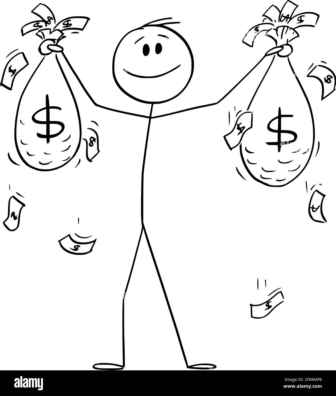 Glücklicher erfolgreicher Mann oder Geschäftsmann hält Taschen des Geldes oder Dollar, Vektor Cartoon Stick Abbildung Stock Vektor