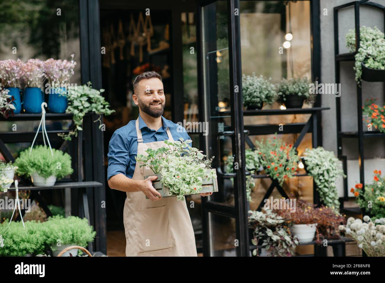 Blumenpflege, Inbetriebnahme und Wiedereröffnung nach dem Ausbruch von covid-19, Anzeige des Saisonverkaufs und Öko-Blog Stockfoto