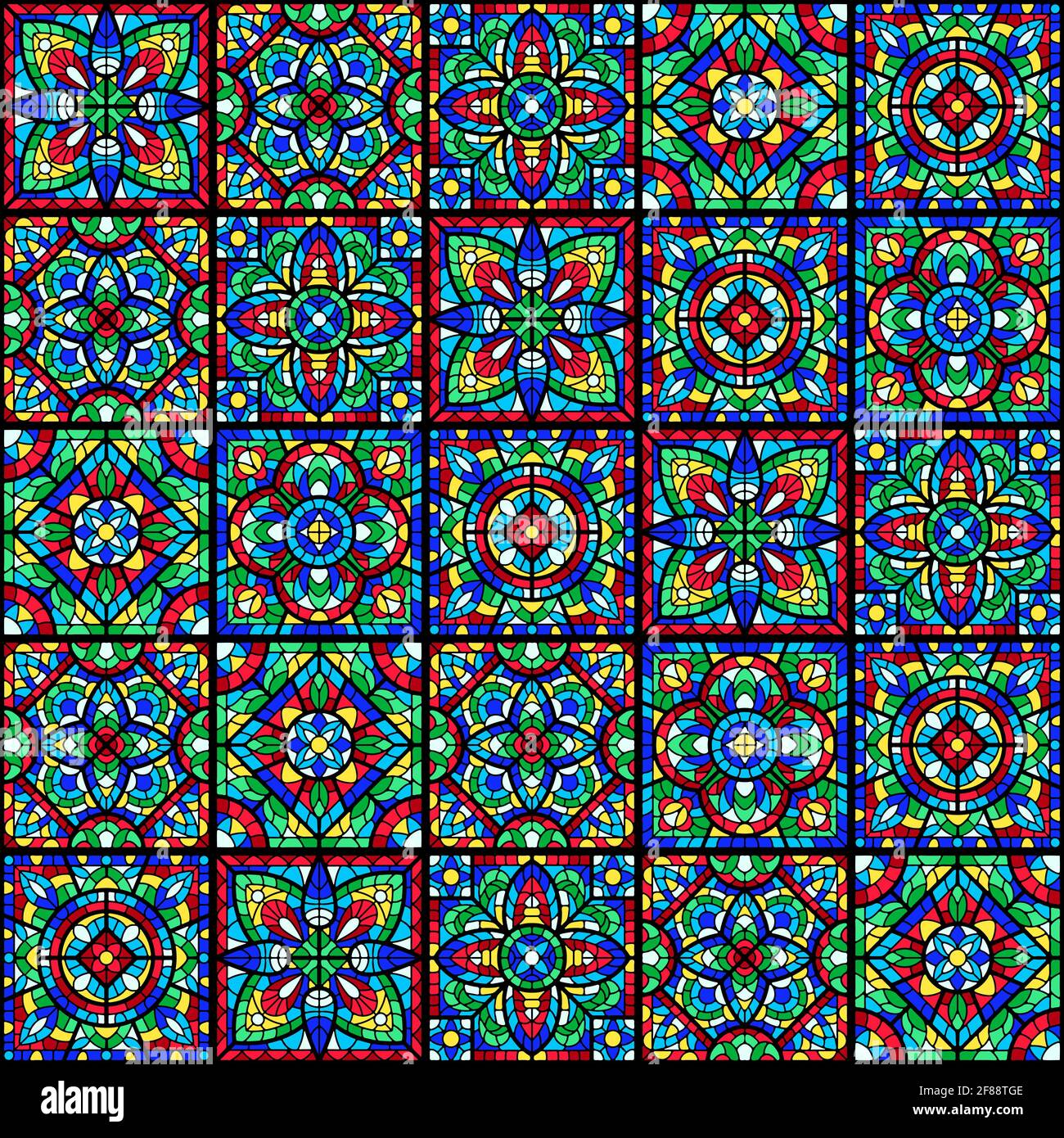 Buntglasfenster mit farbigem Stück. Dekoratives Mosaik-Fliesenmuster. Stock Vektor