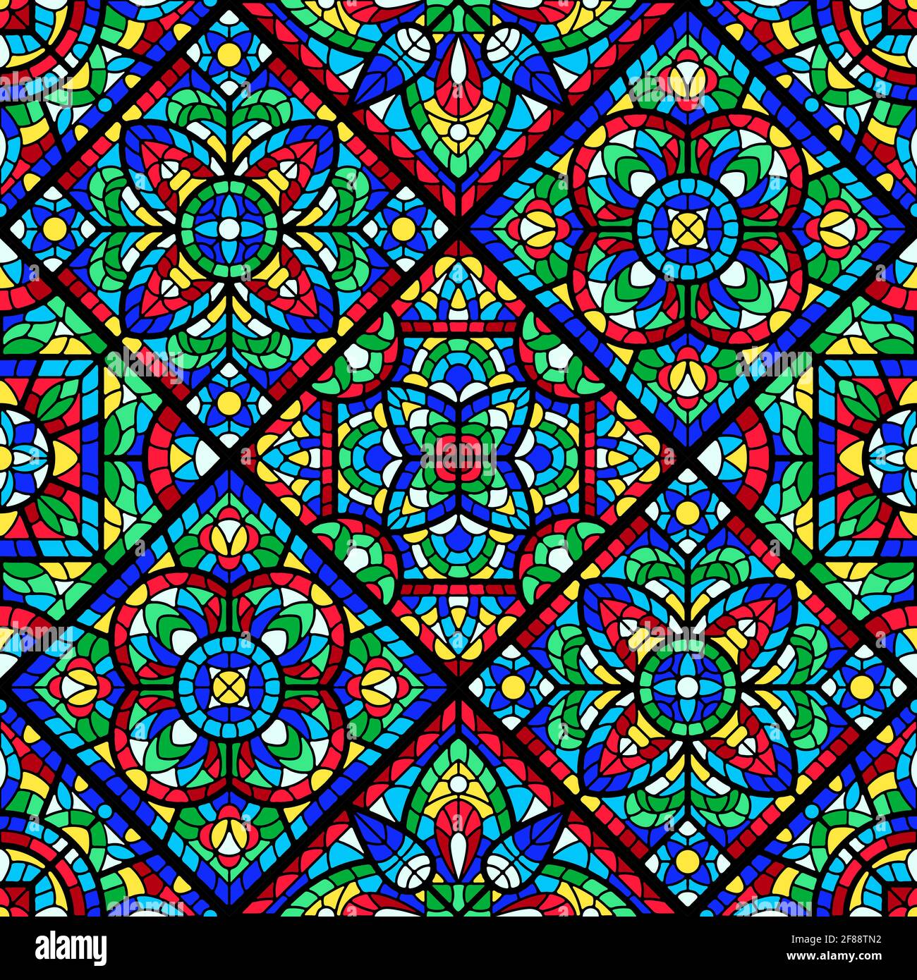 Buntglasfenster mit farbigem Stück. Dekoratives Mosaik-Fliesenmuster. Stock Vektor