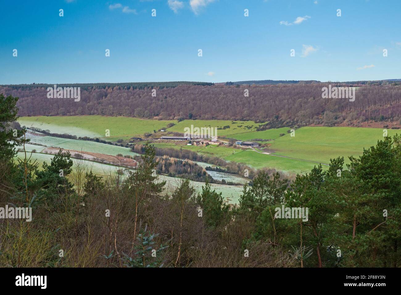 Panoramablick über die ländliche Landschaft Ackerland mit Feldern in Ein Tal im Winterfrost Stockfoto