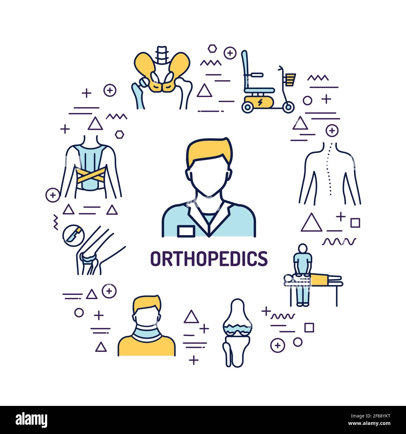 Webbanner für Orthopädie. Infografiken mit linearen Symbolen auf weißem Hintergrund. Kreatives Ideenkonzept. Isolierte Farbdarstellung der Umrisse Stock Vektor