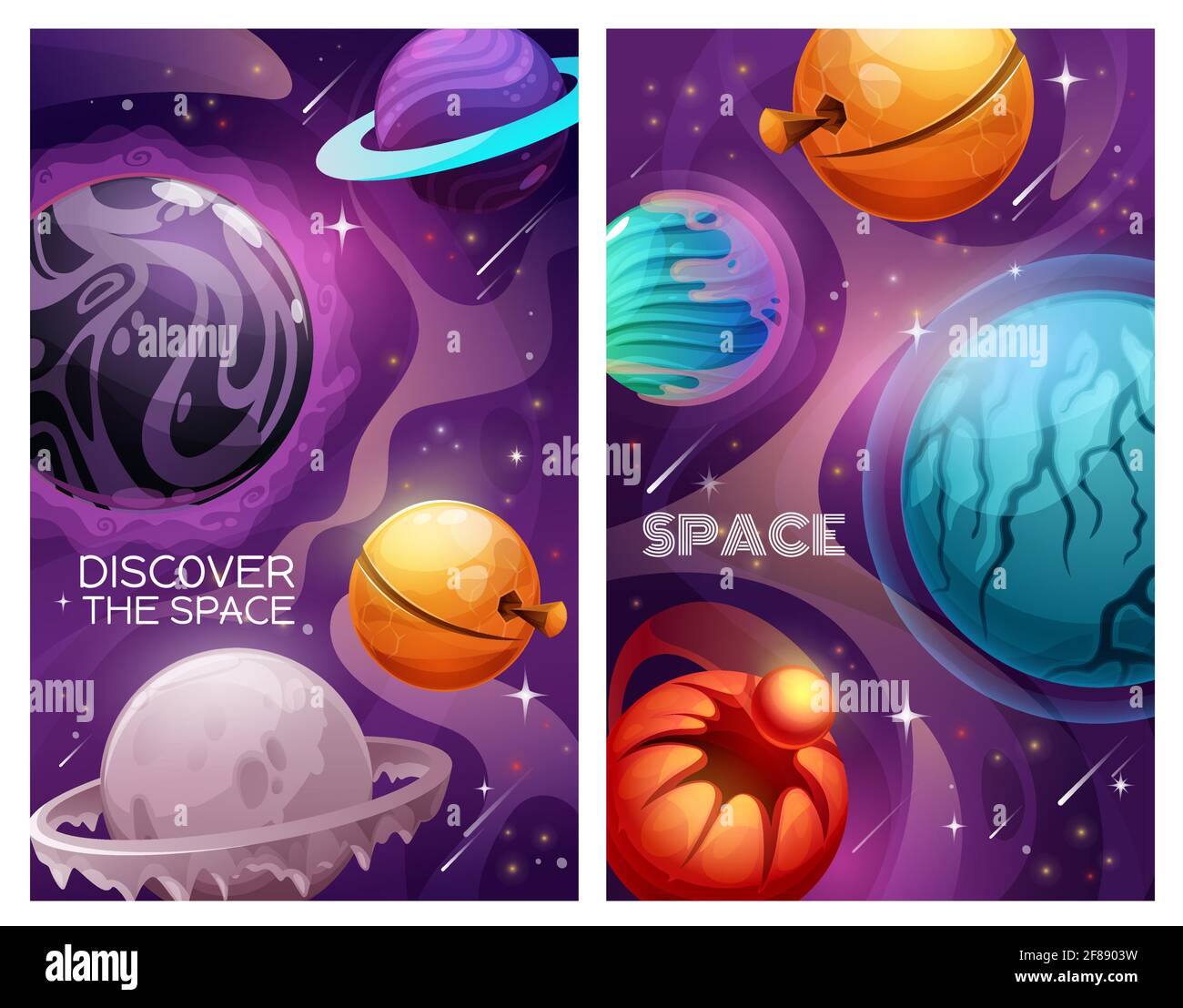 Planeten und Sterne im All. Alien Galaxie Universum Vektor Banner. Cartoon-Planeten des Fantasy-Sonnensystems mit fliegenden Astroiden, Kometen und Orbitring Stock Vektor