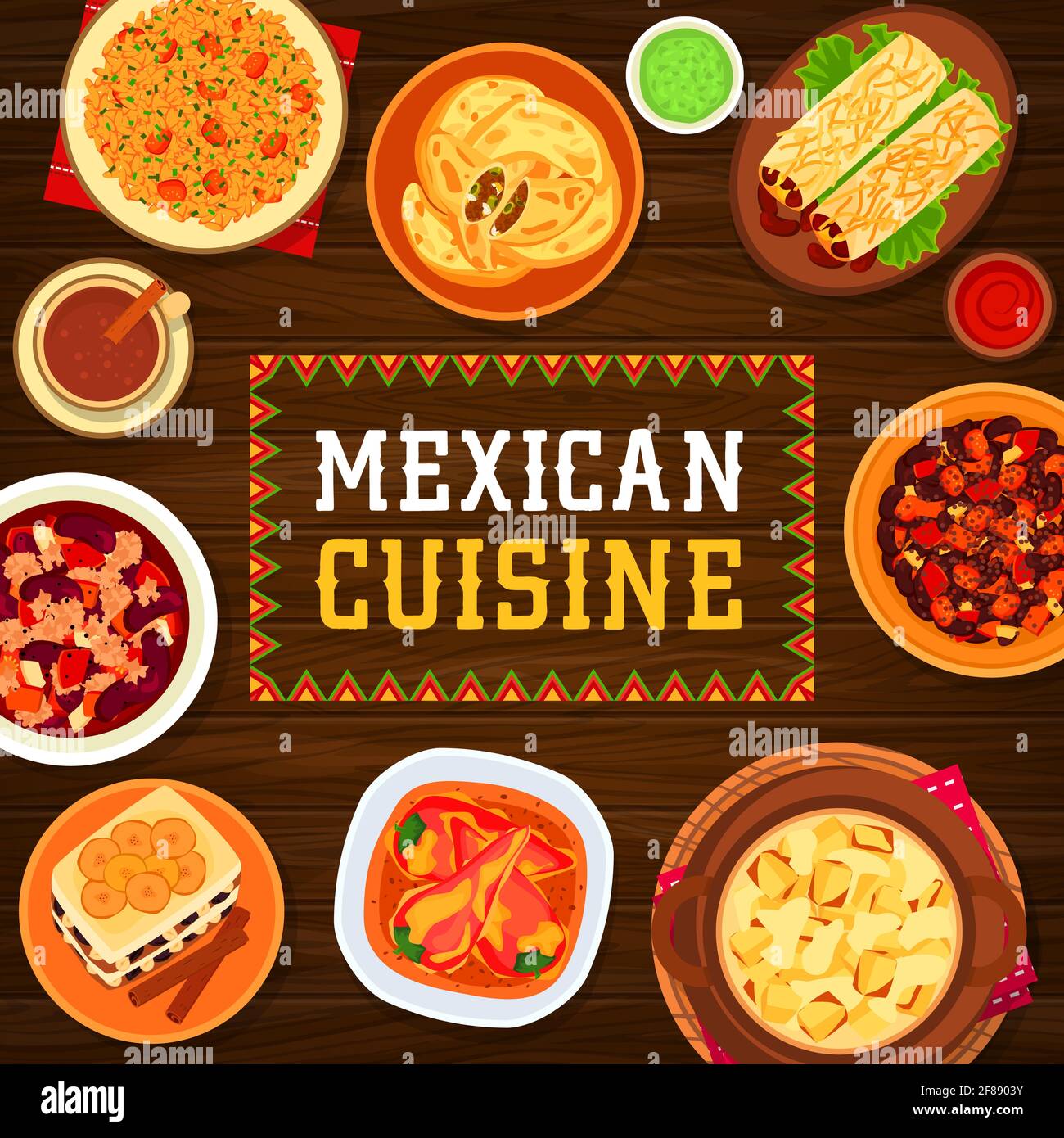 Mexikanische Küche Vektor Tacos de pato mit Ente, Brotpudding Capirotada oder Kartoffelauflauf mit Käse. Fleischempanada, Rinderbean-Eintopf Chili con car Stock Vektor