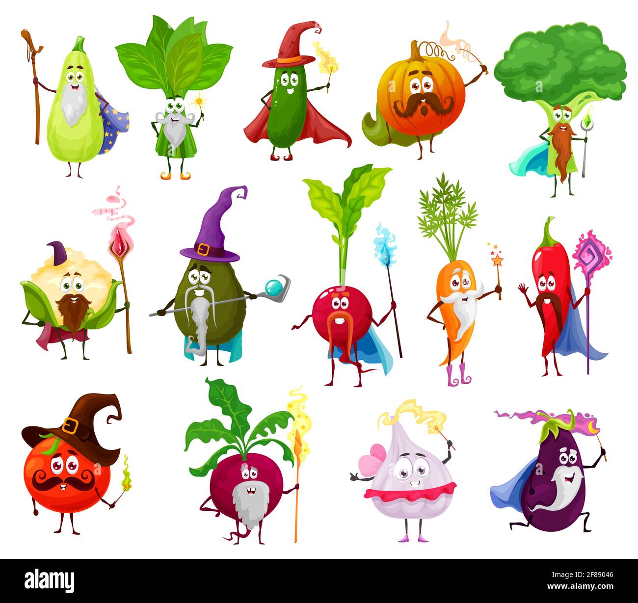 Zauberer, Hexe, Zauberer veggies Vektor-Zeichen. Gemüse Cartoon Fee und Zauberer Zauberer. Pfeffer, Tomaten, Karotten und Knoblauch, Rettich und Brokkol Stock Vektor