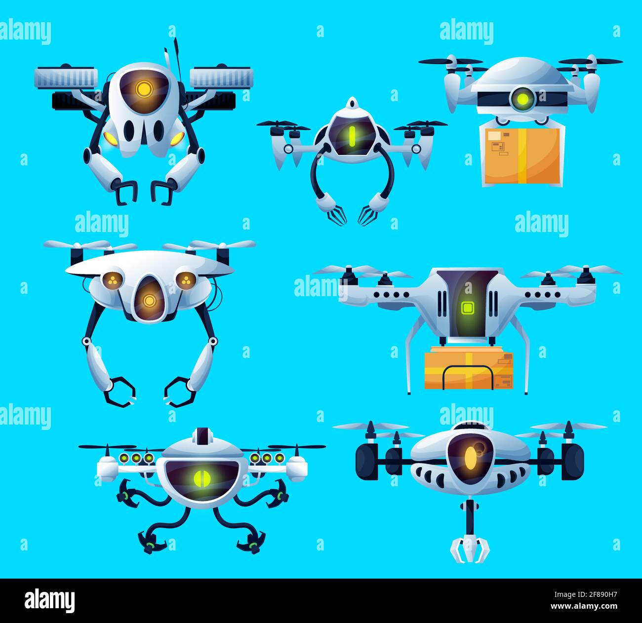 Drohnenroboter, Flugtechnik und Zustellpakete, Vektor-Fernsteuerungsflugzeuge. Roboter-Drohnen mit Kameraüberwachung und Kopter für Luftentlüpfungen Stock Vektor
