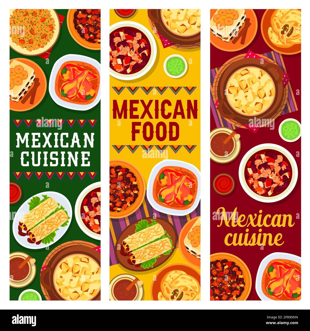 Mexikanische Küche Vektor Beef Bohne Eintopf Chili con Carne, Brotpudding Capirotada und Kartoffelauflauf mit Käse Mahlzeit. Mexikanisches Fleisch Empanada, würzig c Stock Vektor