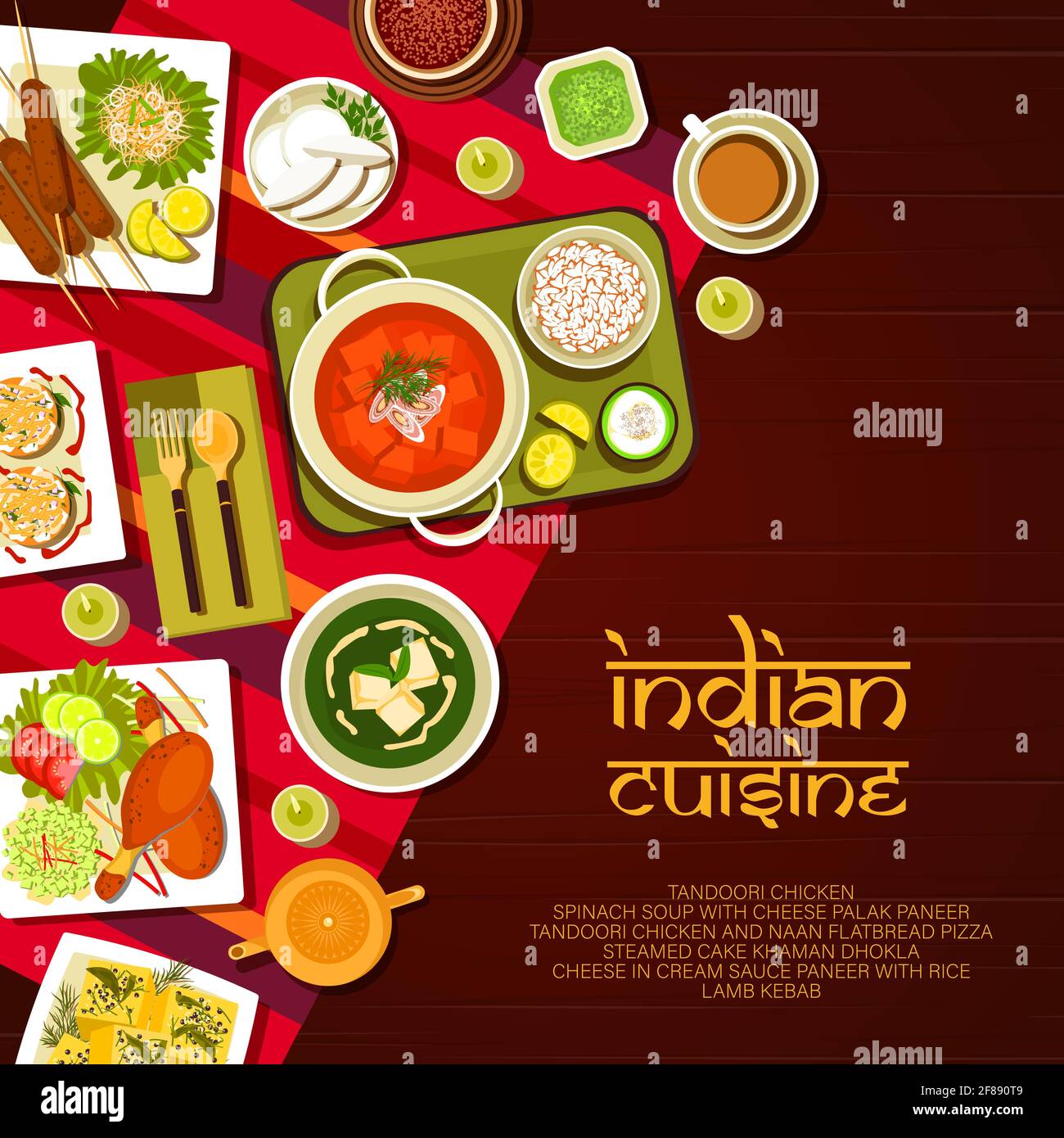 Die Speisekarte Des Indischen Restaurants Deckt Die Speisekarte Ab Palak Paneer Suppe Indische Kokos Platzchen Und Naan Fladenbrot Lammkebab Khaman Dhokla Kuchen Und Tandoori Huhn Stock Vektorgrafik Alamy
