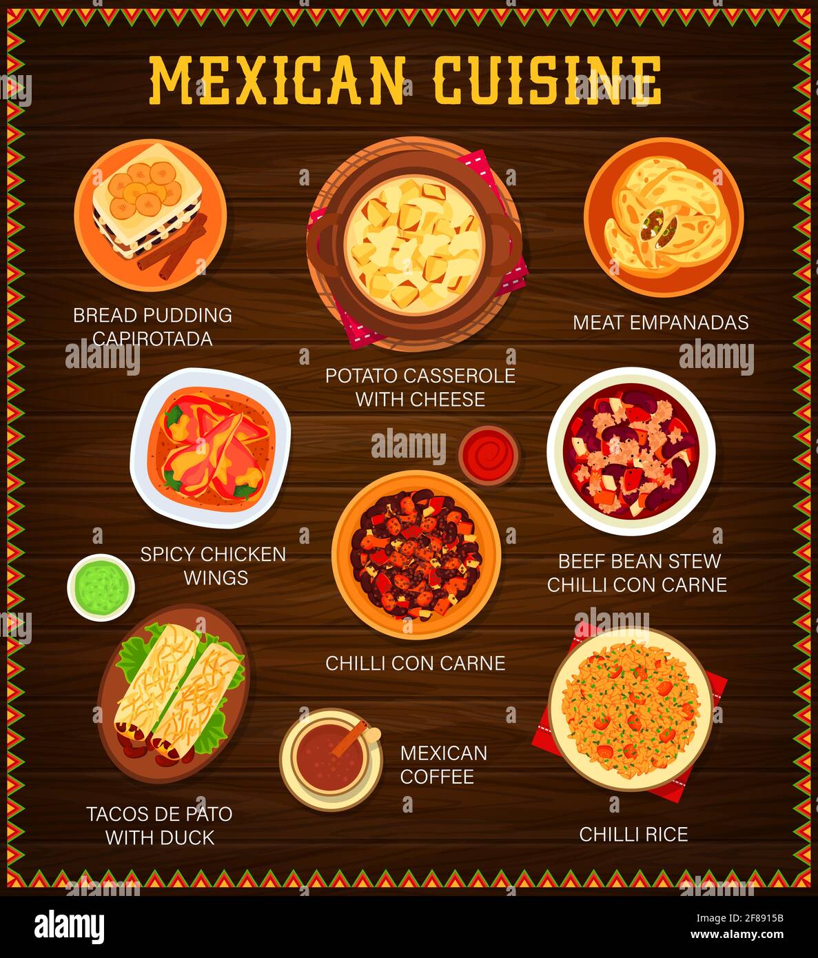 Vektormenü der mexikanischen Küche. Brotpudding Capirotada, Kartoffelauflauf mit Käse und Fleisch Empanada. Würzige Hähnchenflügel, Rinderbohnen-Eintopf mit Chili con Stock Vektor