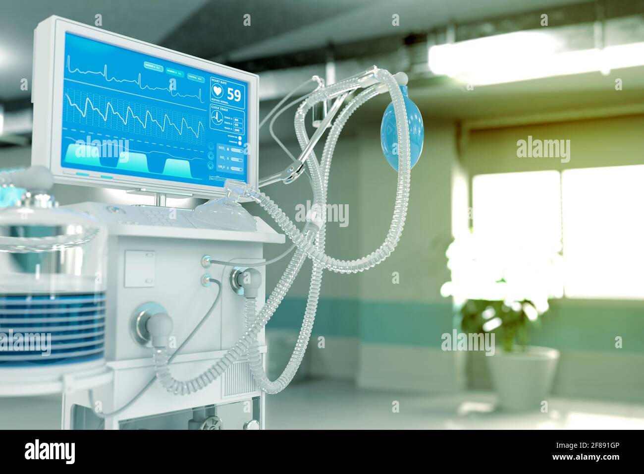 Künstliches Lungenventilator der Intensivstation mit fiktivem Design in heller Klinik mit Bokeh - STOP-Coronavirus-Konzept, medizinische 3D-Illustration Stockfoto