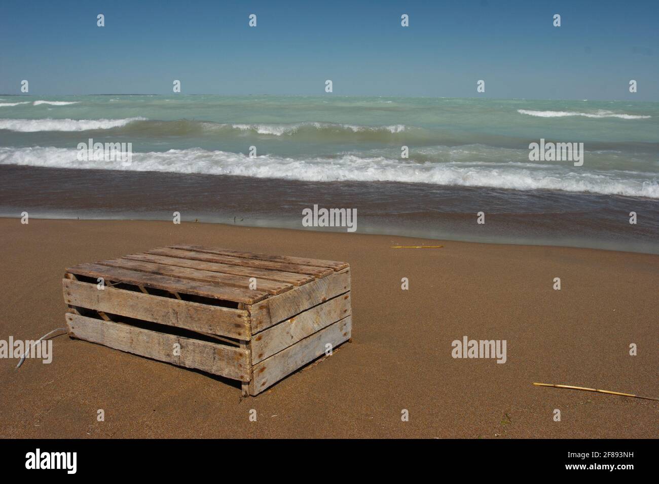 Die Kiste liegt auf der Küste Stockfoto