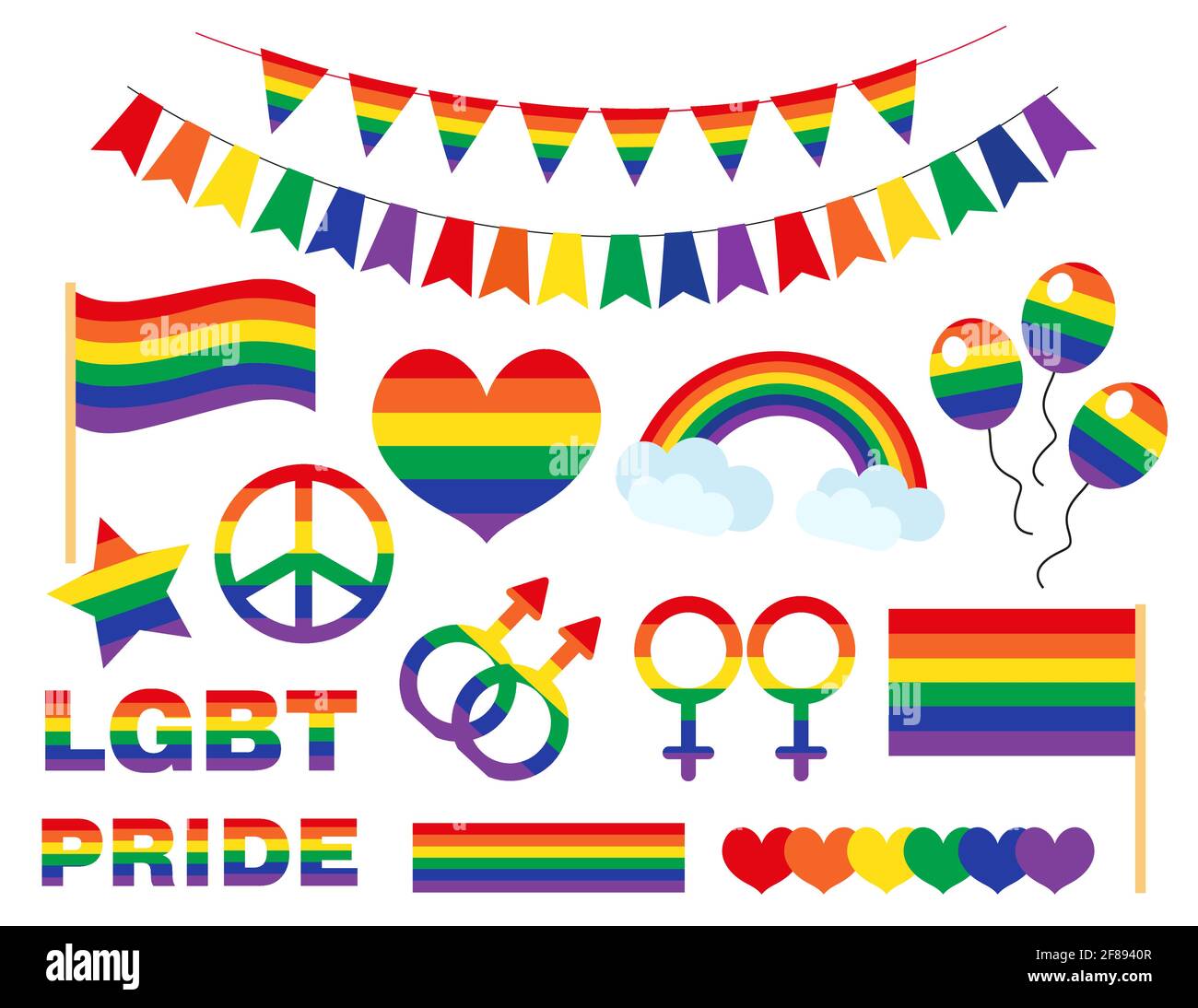 STOLZ LGBTQ Icon Set flacher Style. LGBT Pride Month-Sammlung von Symbolen. Herz, Regenbogen, Geschlecht, Bisexuell, Gay, Lesbisch, Flagge, Liebe. Vektor Stock Vektor