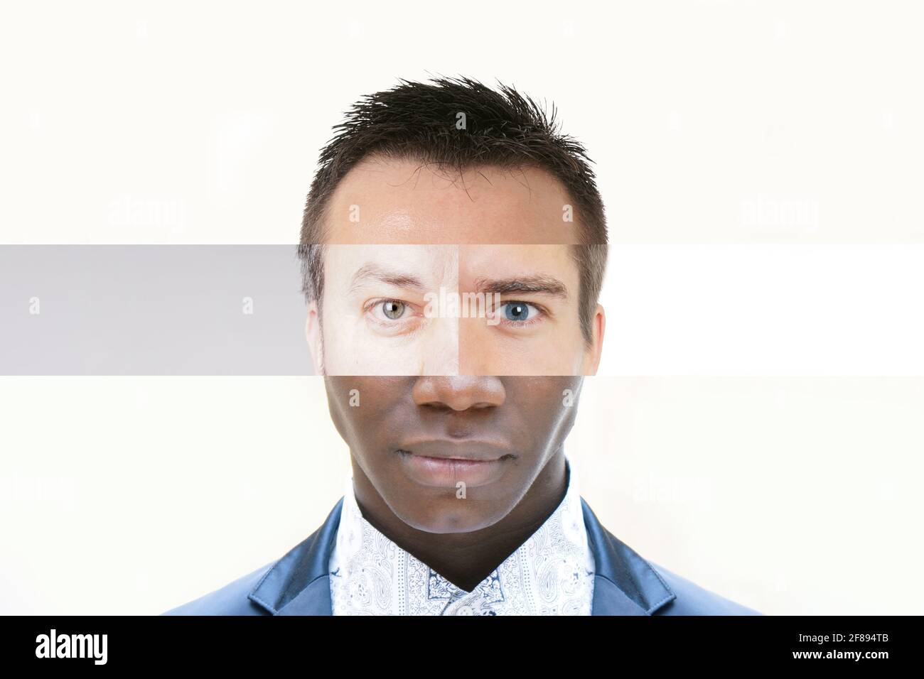 Zusammengesetztes Gesicht aus männlichen Menschen mit verschiedenen Hautfarben - Diversity Collage Stockfoto