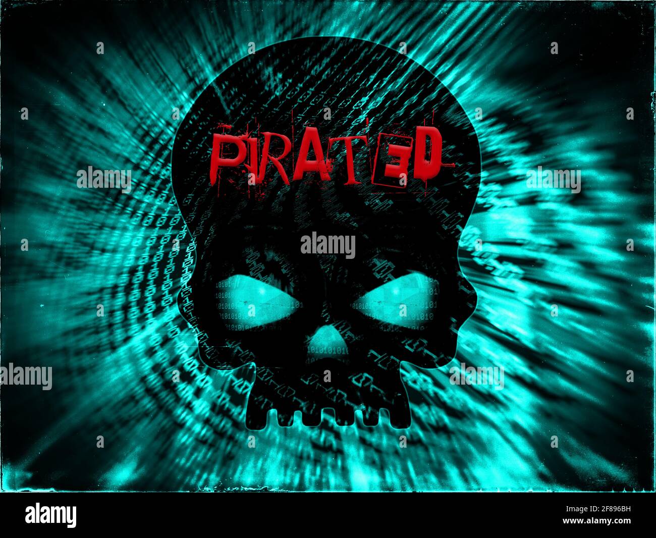 Raubkopien, Piratentum, Geklont, Repliziert, Fälschung, Dupliziert, Piratenschädel. Binärcode-Hintergrund, Technologie Stockfoto
