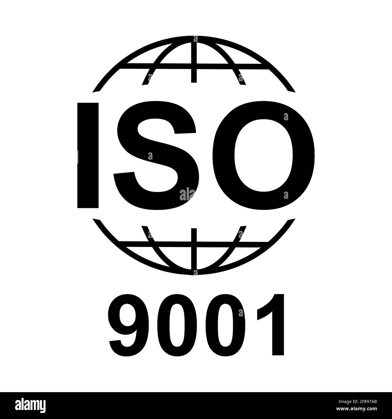 ISO 9001-Symbol. Symbol für Standardqualität. Vektor-Taste auf schwarzem Hintergrund isoliert. Stock Vektor