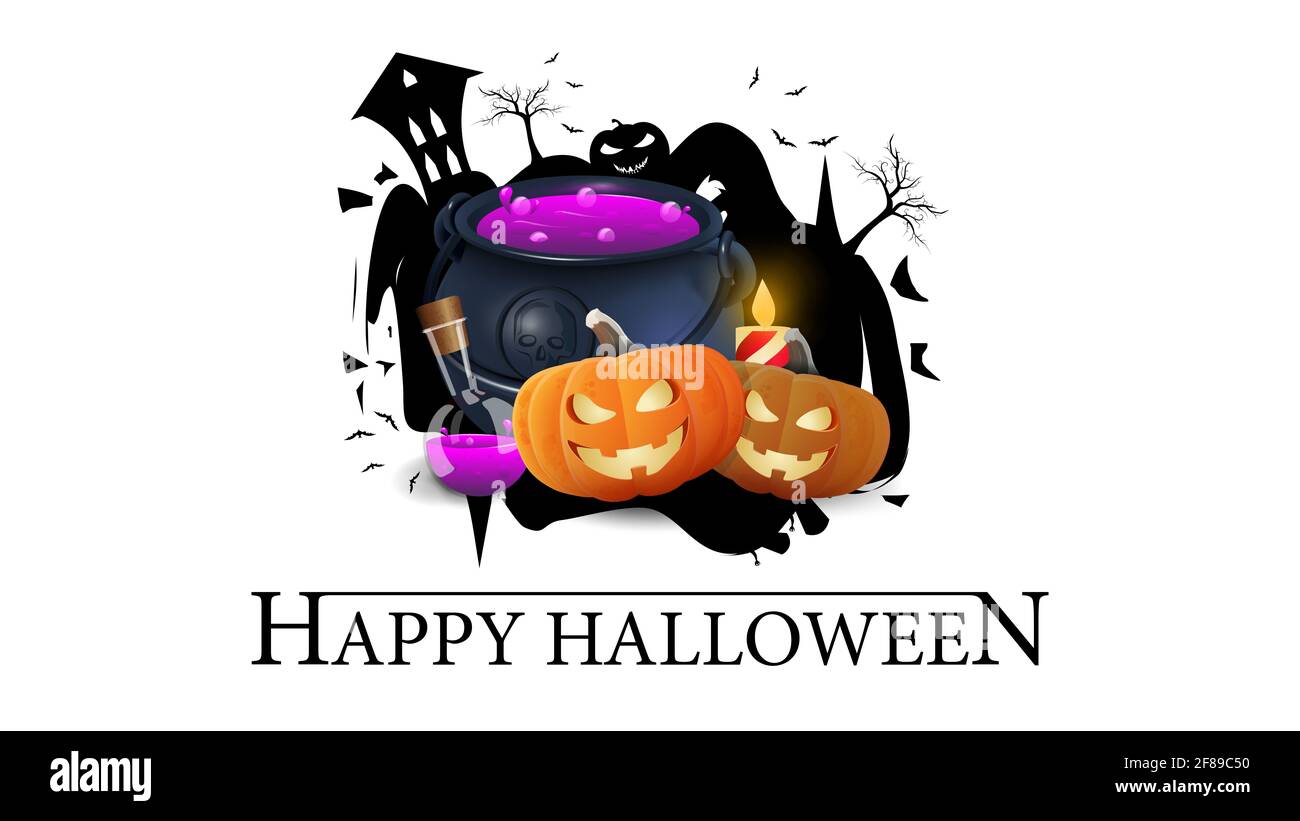 Happy Halloween, Banner für Ihre Kreativität isoliert auf weißem Hintergrund. Logo mit Silhouette der Stadt, Hexenkessel und Kürbis Jack Stockfoto