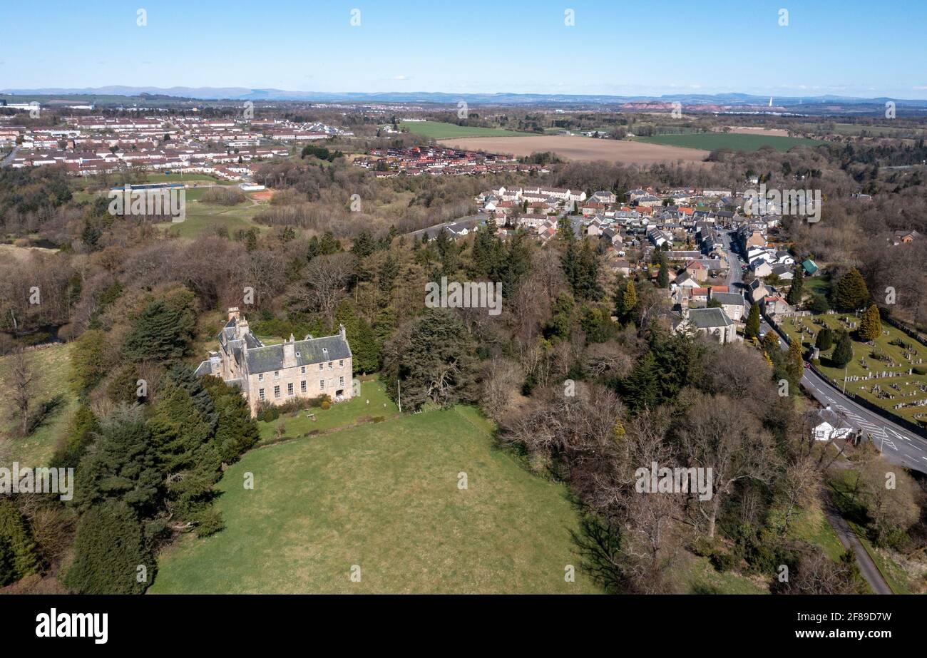 Luftaufnahme von Calder House, Mid Calder, West Lothian, Schottland, Großbritannien. Stockfoto