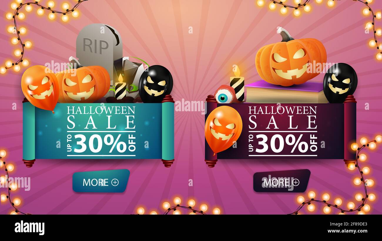 Zwei Rabatt Halloween bvnner in Form einer Rolle Pergament. Grabstein, Zauberbuch, Kürbis Jack und Halloween Ballons Stockfoto