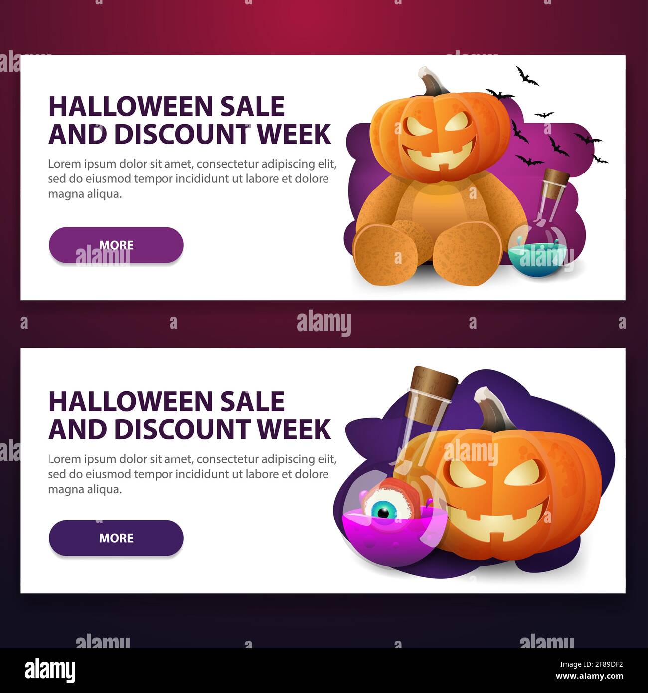 Halloween Verkauf und Rabatt Woche, weiße horizontale Rabatt Web-Banner mit Teddybär mit Jack Kürbis Kopf und Kürbis Jack und Hexen Trank Stockfoto