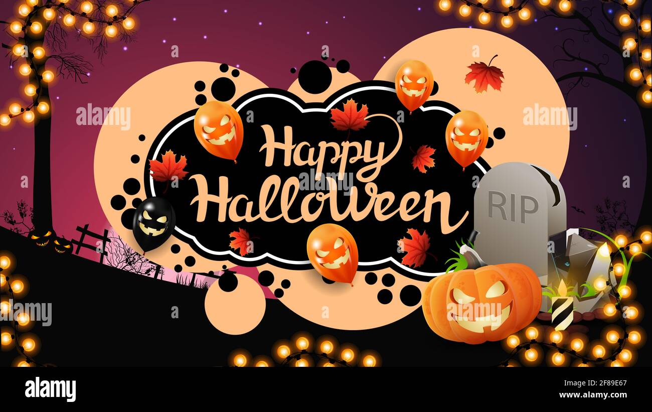 Happy Halloween, kreative Grußkarte mit Graffiti-Stil und Halloween-Hintergrund. Vorlage mit Blasen, Herbstblättern, Halloween-Ballons, tom Stockfoto