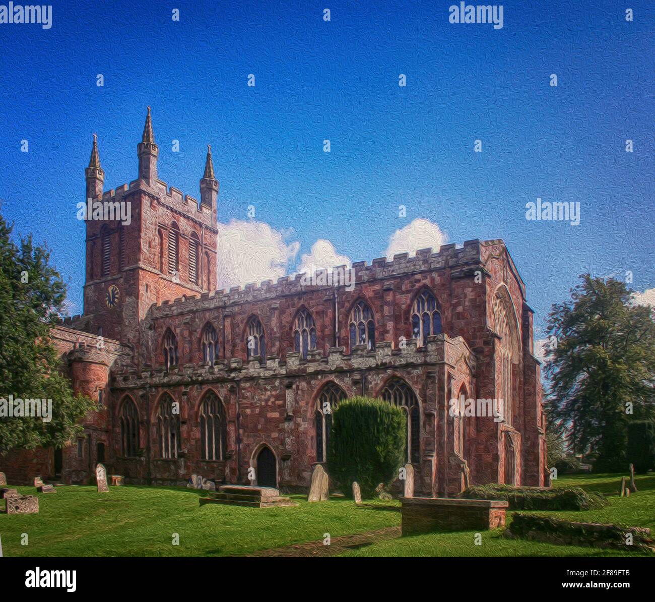 Crediton, Devon, UK- Pfarrkirche aus dem 15. Jahrhundert, Mauerwerk im normannischen gotischen Stil mit quadratischem Glockenturm. Maleffekt hinzugefügt Stockfoto