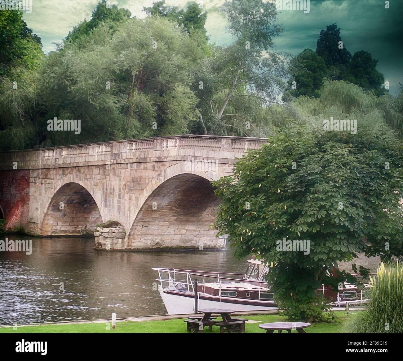 Henley Bridge erbaut im 18. Jahrhundert, Henley-on-Thames, Oxfordshire, Großbritannien. Maleffekt hinzugefügt Stockfoto