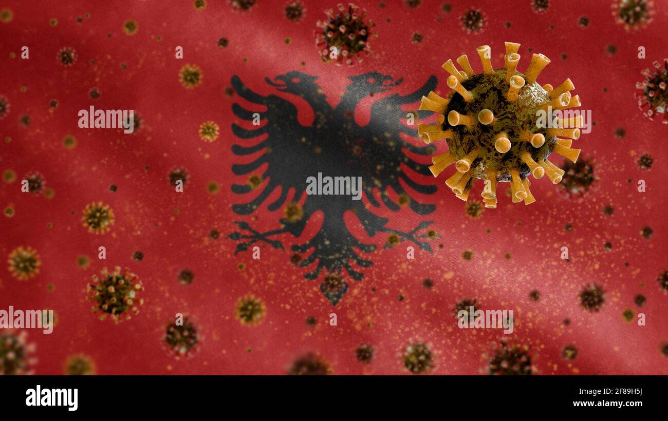 3D, albanische Flagge winkt mit Coronavirus-Ausbruch, der die Atemwege als gefährliche Grippe infiziert. Influenza-Typ Covid 19-Virus mit nationalem Albanien Stockfoto