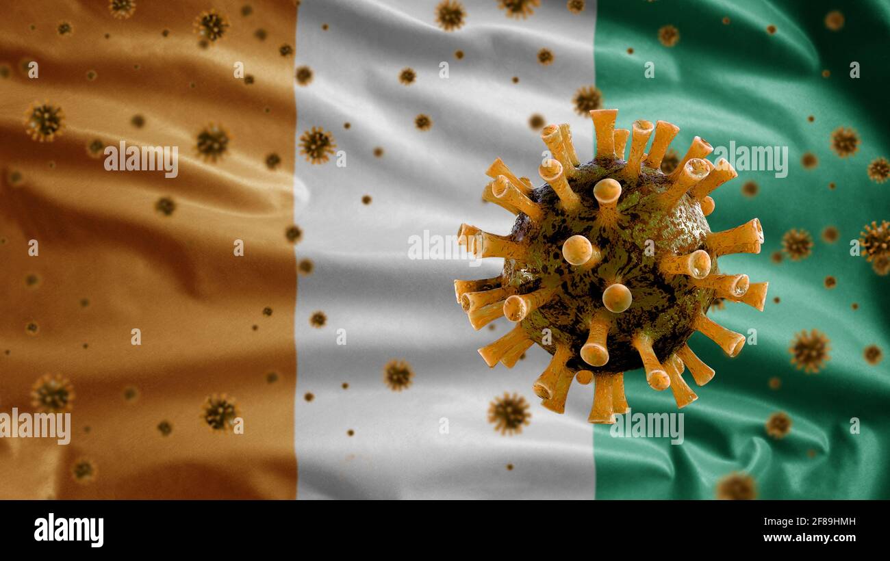 3D, Ivoria-Flagge winkt mit Coronavirus-Ausbruch, der die Atemwege als gefährliche Grippe infiziert. Influenza-Typ Covid 19-Virus mit nationalen Coa d’Ivory Stockfoto