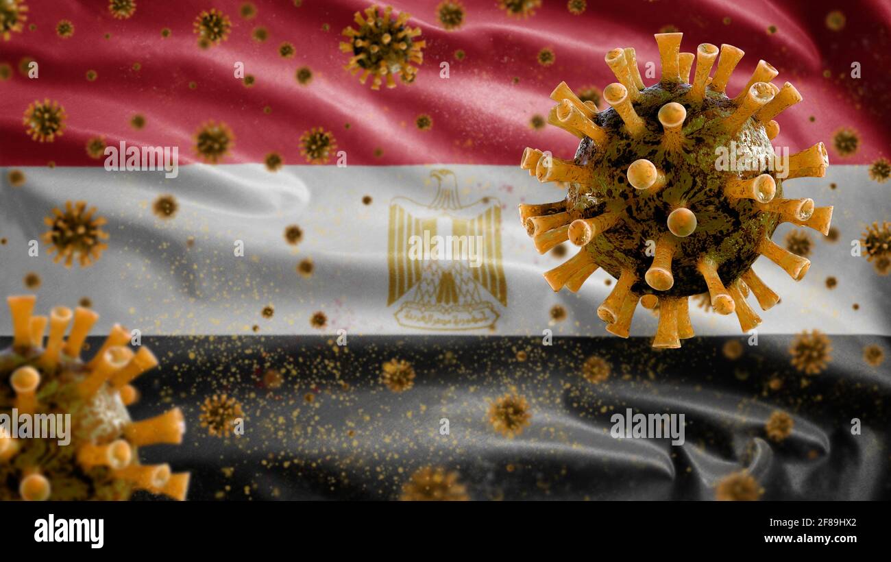 3D, ägyptische Flagge winkt mit Coronavirus-Ausbruch infiziert die Atemwege als gefährliche Grippe. Influenza-Typ Covid 19-Virus mit nationalen Ägypten BA Stockfoto