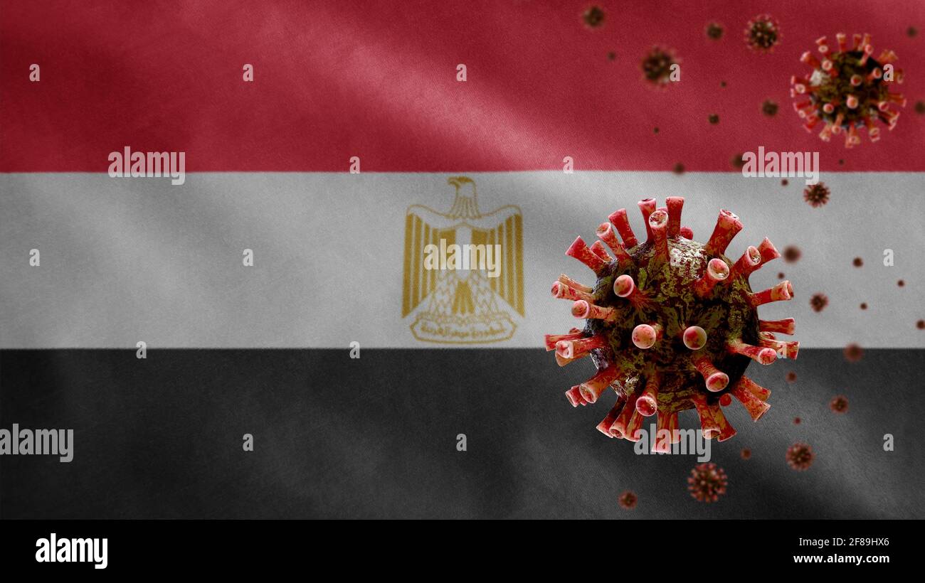 3D, ägyptische Flagge winkt mit Coronavirus-Ausbruch infiziert die Atemwege als gefährliche Grippe. Influenza-Typ Covid 19-Virus mit nationalen Ägypten BA Stockfoto