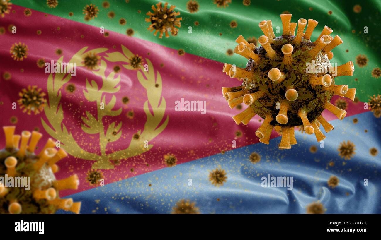 3D, eritreische Flagge winkt mit Coronavirus-Ausbruch, der die Atemwege als gefährliche Grippe infiziert. Influenza-Typ Covid 19-Virus mit nationalem Eritrea Stockfoto