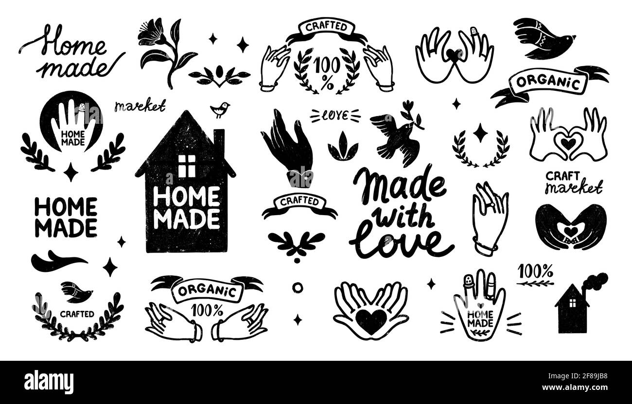 Set mit hausgemachten Vektor-Icons - Vintage-Elemente im Stempelstil und selbstgemachten Schriftzügen mit niedlicher House-Silhouette. Vintage Vektor Illustration für Banner Stock Vektor