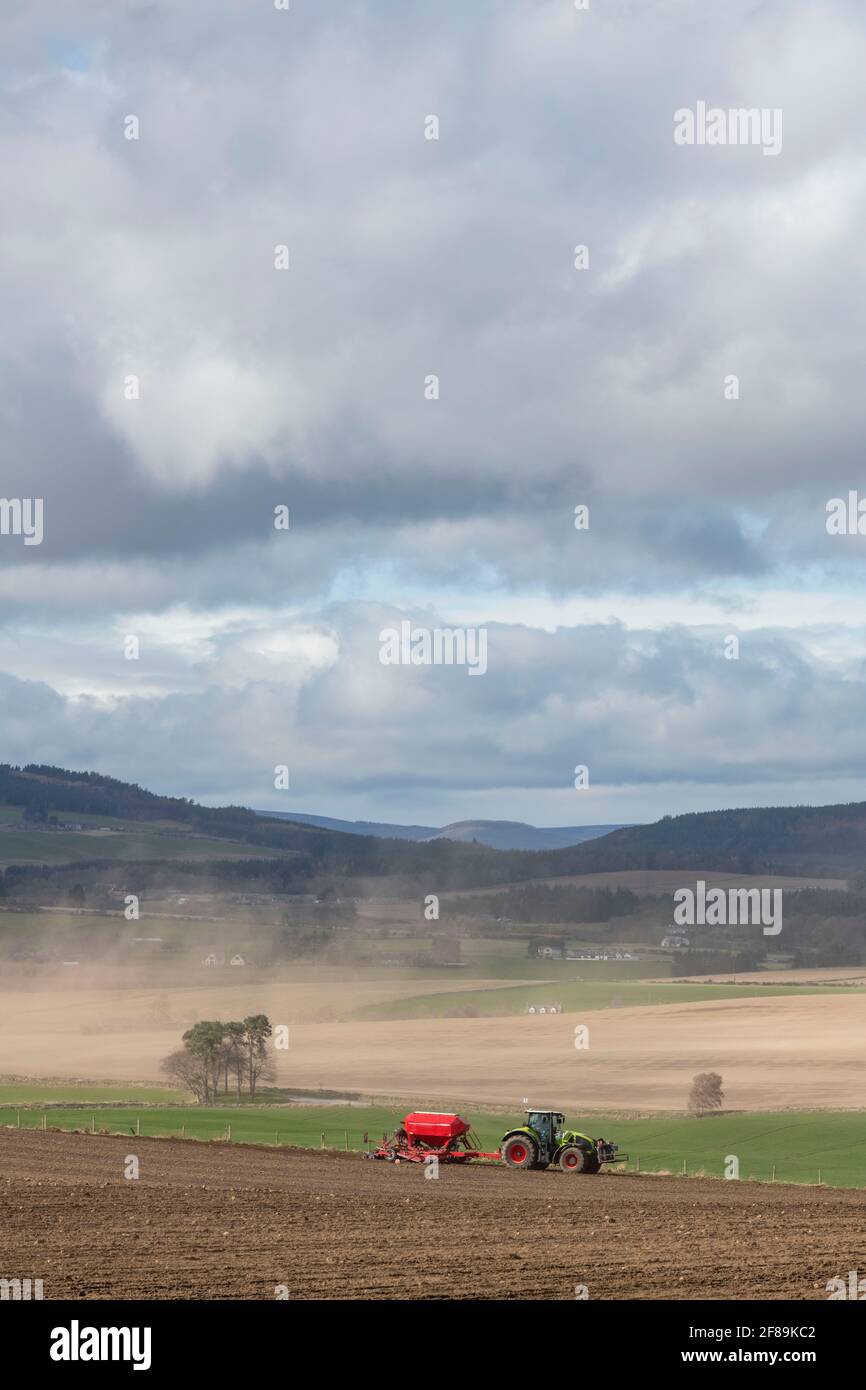 Wind erodiert Boden von Farmland in Aberdeenshire mit einem Traktor Und Sämaschine Aussaat Gerste im Vordergrund Stockfoto